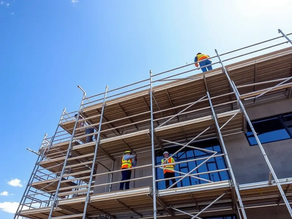A wide shot of Maqtec's standard scaffolding system in use on a construction site, demonstrating its stability and load-bearing capacity.