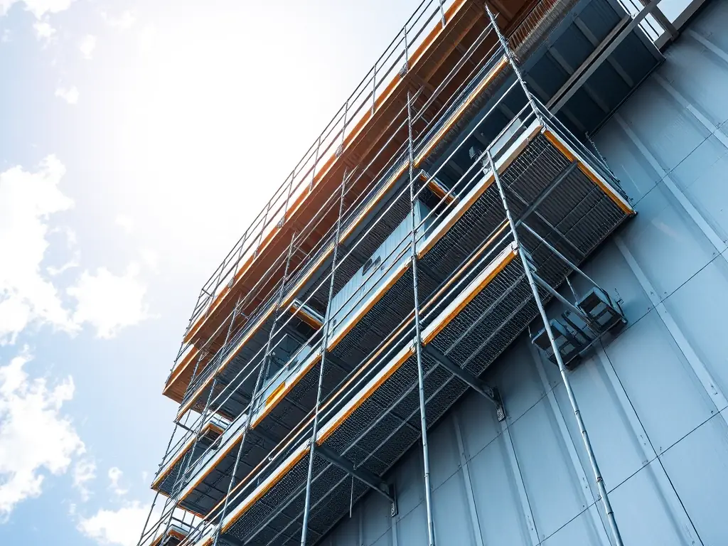 A high-angle shot of Maqtec's aluminum scaffolding erected around a building under construction, showcasing its lightweight and modular design.