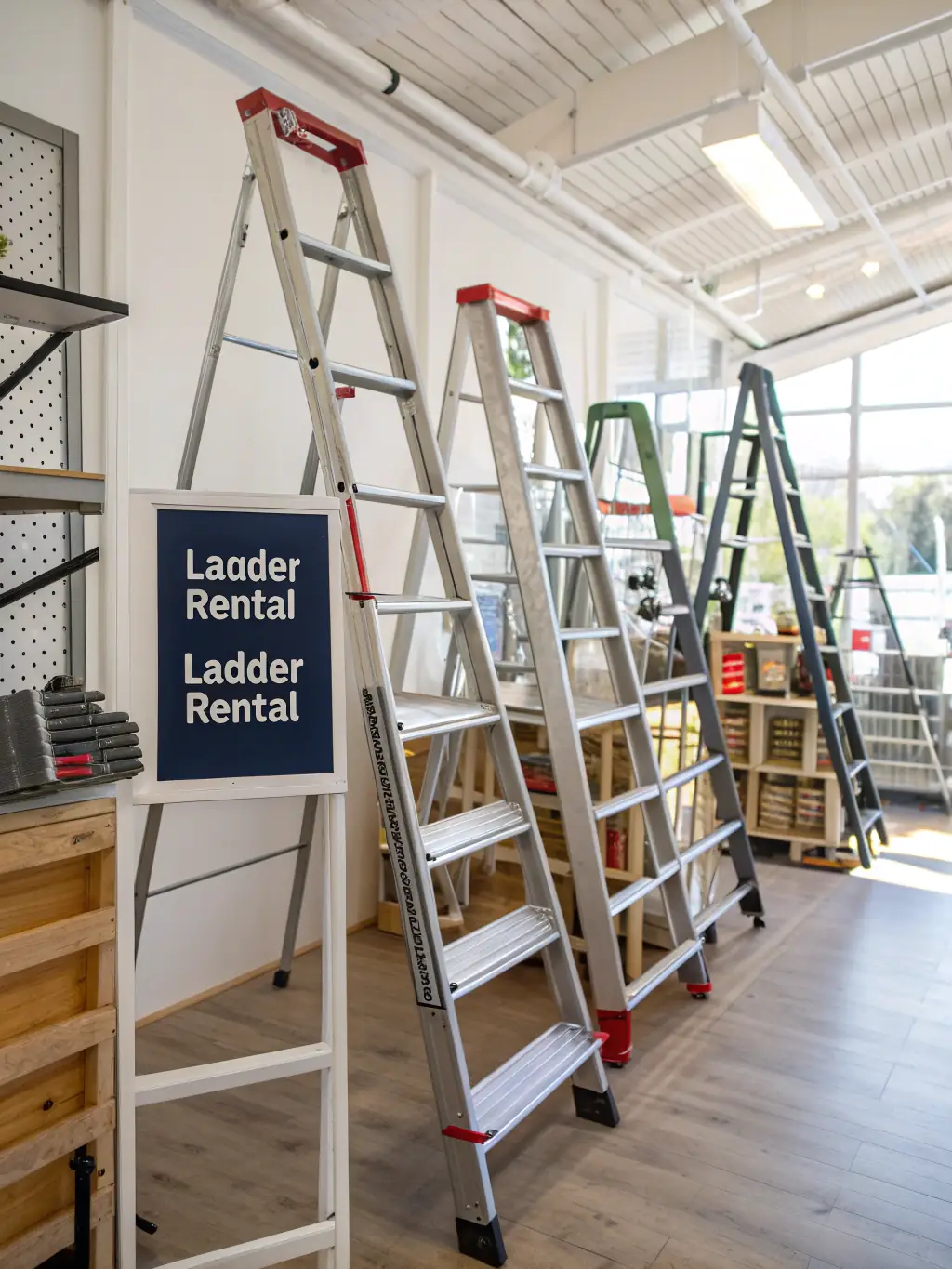 A picture of various scaffolding components ready for rental, neatly organized in Maqtec's warehouse, emphasizing the availability and quality of rental equipment.