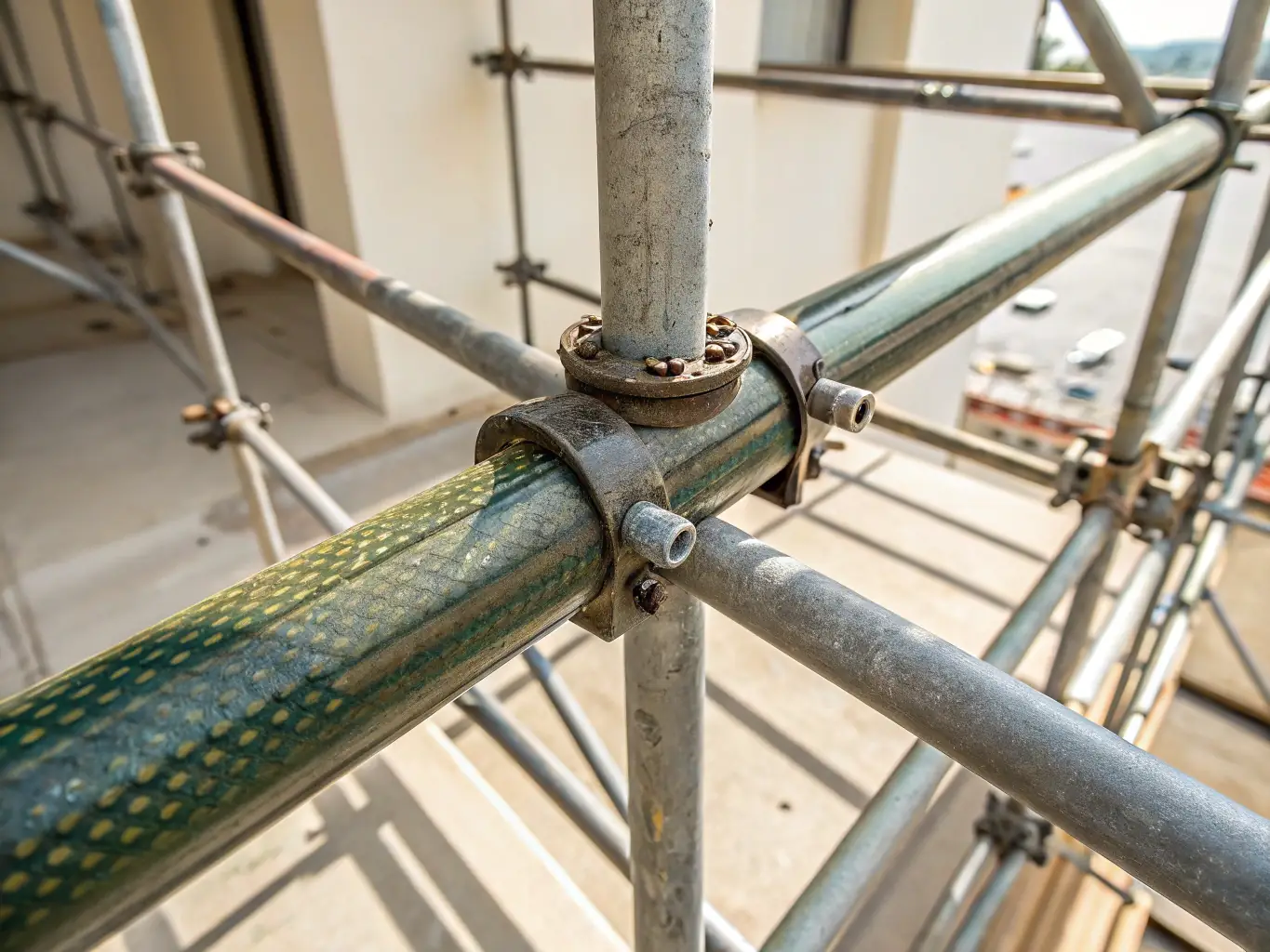 A close-up of Maqtec's multidirectional scaffolding system, highlighting its flexible connection points and robust construction.
