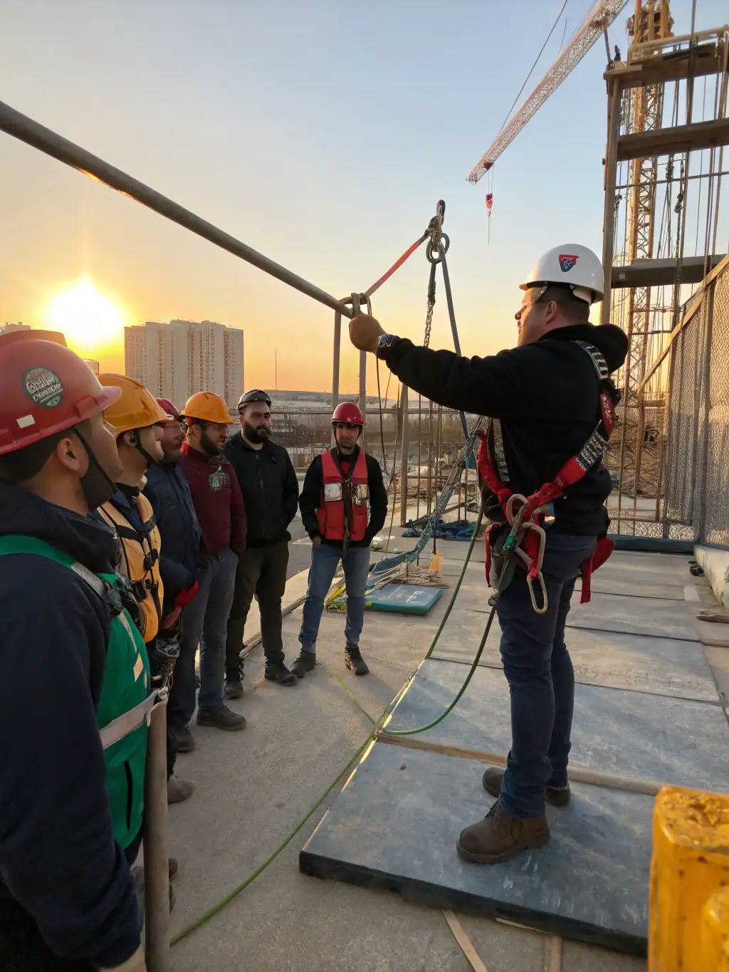 A photo of a Maqtec training session, showing workers learning about safe scaffolding practices, highlighting the company's commitment to safety education.