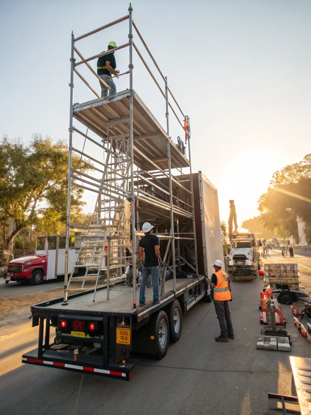 A photograph showcasing Maqtec's scaffolding rental service, featuring a variety of scaffolding types neatly arranged in a storage yard, ready for deployment to different construction sites.
